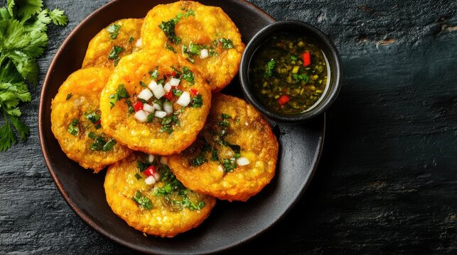 Top view of a traditional Cuban tostones with garlic sauce, with room for text.