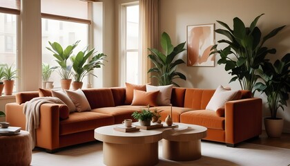 Interior design of a modern living room with a velvet terracotta sofa