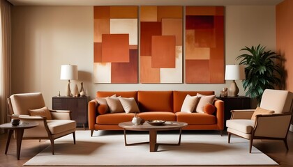 Fototapeta premium Interior design of a modern living room with a velvet terracotta sofa