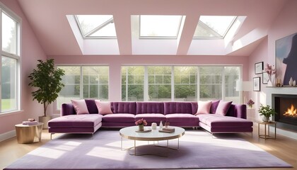 Interior design of a modern living room with a purple velvet sofa