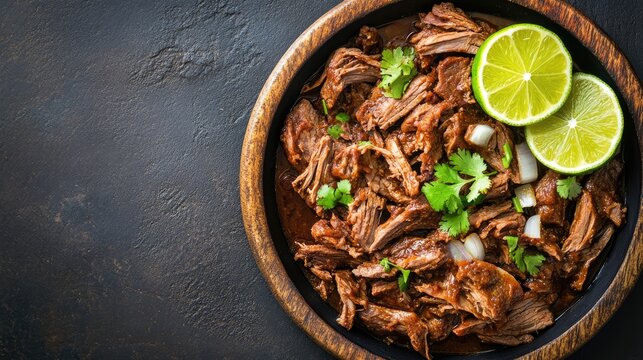 Top view of a traditional Cuban vaca frita with lime and onions, with room for text.