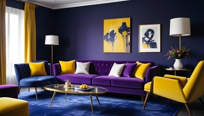 Interior design of a modern living room with a purple velvet sofa