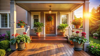 Obraz premium Cozy suburban front porch with potted plants and flowers, warm sunlight casting a inviting glow on open door and wooden floorboards, awaiting arrival.