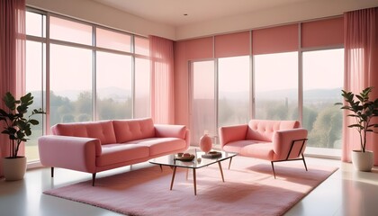 Fototapeta premium Interior design of a modern living room with a pink sofa