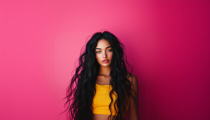 Portrait of an attractive young woman with dark hair, wearing yellow isolated on an pink background, shot in a studio.