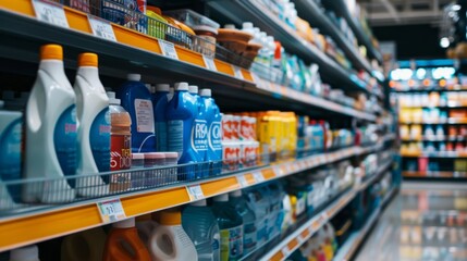 Supermarket shelves with cleaning products.