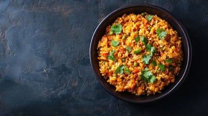 Top view of a traditional Puerto Rican arroz con gandules, rice with pigeon peas, with space for text