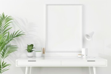 Fototapeta premium White hotel living room interior with drawer and dining table, mockup frame, Generative AI