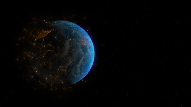 Dynamic depiction of Earth with glowing network connections and satellites orbiting in dark space, symbolizing global internet and communication interconnectedness. Copy space.