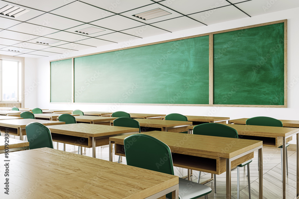 Aufkleber Modern empty classroom with wooden tables and green chalkboard. 3D Rendering
