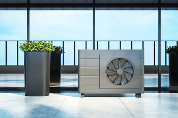 Modern air conditioner unit outside a building closeup. 3D Rendering