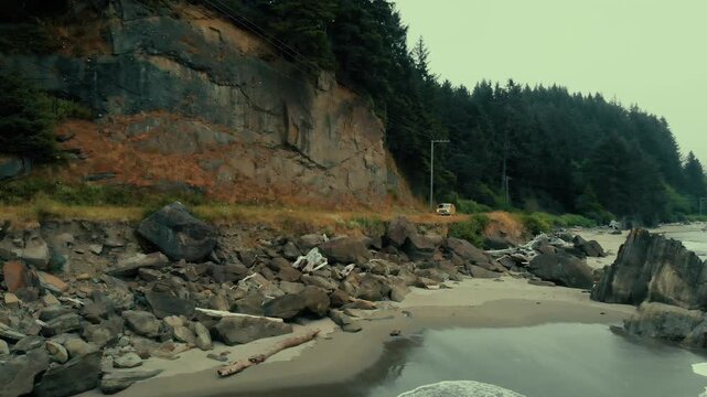 Yellow Camper Van driving down Pacific Coast of Washington | Vanlife Cinematic Camping Road Trip PNW Moody Gloomy
