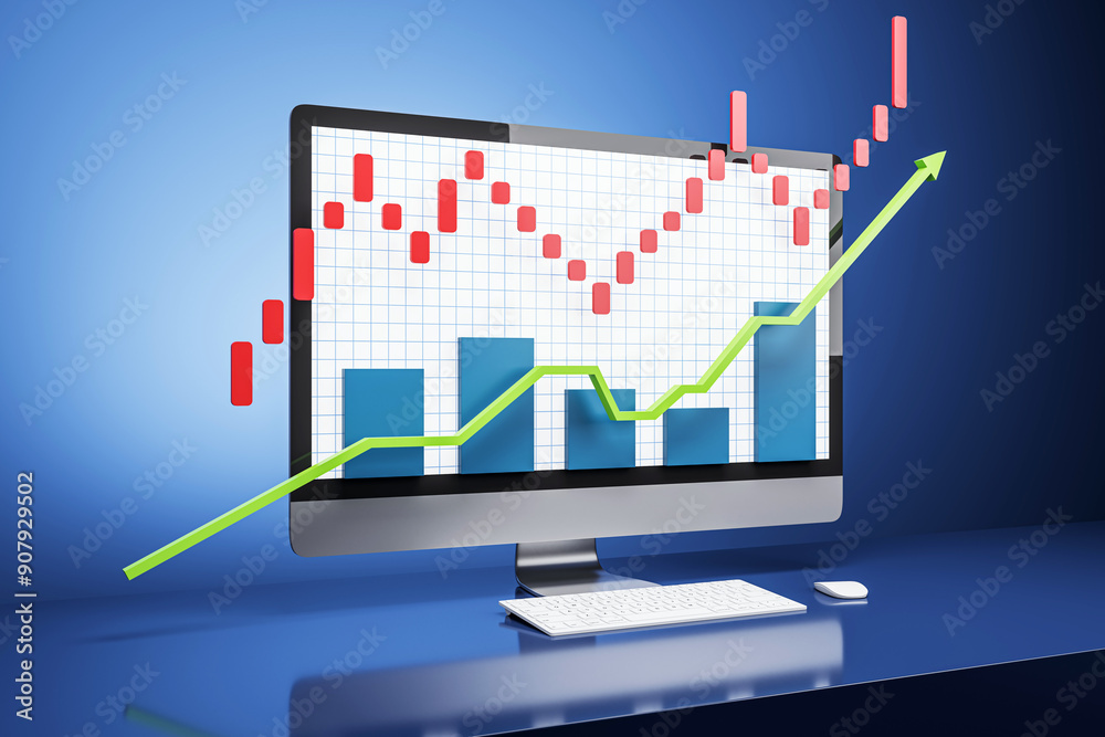Aufkleber Computer screen with financial graph and upward trend on blue background. 3D Rendering