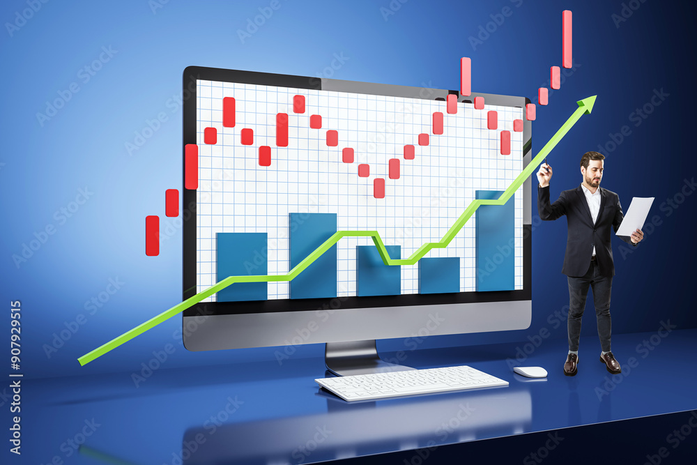 Poster Businessman analyzing growth chart on computer display in blue background.