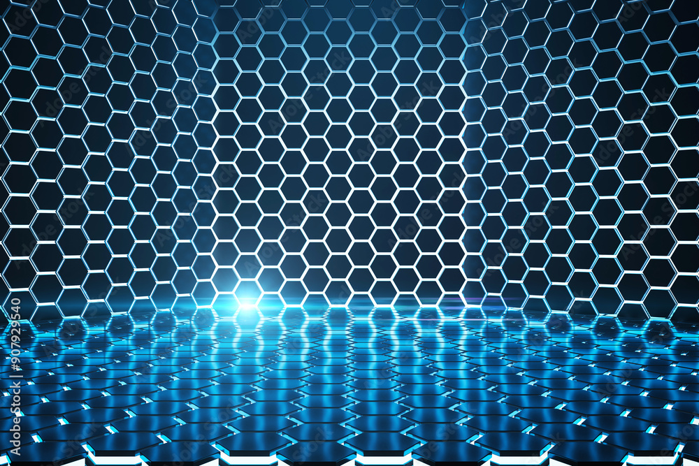 Aufkleber Futuristic empty room with illuminated hexagonal pattern. 3D Rendering