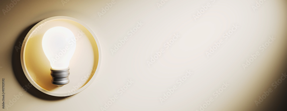 Poster Glowing lightbulb on a beige background design template. 3D Rendering