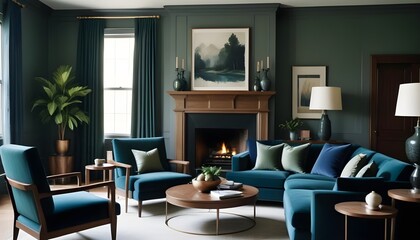 Interior design of a modern living room with blue sofas and a gray armchair