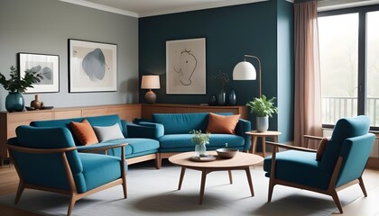 Interior design of a modern living room with blue sofas and a gray armchair