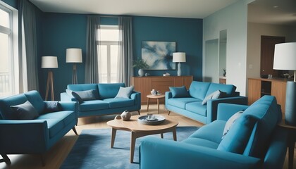 Interior design of a modern living room with blue sofas and a gray armchair