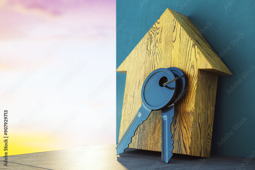 Aufkleber wooden house-shaped key holder with a set of keys on a table. 3d rendering