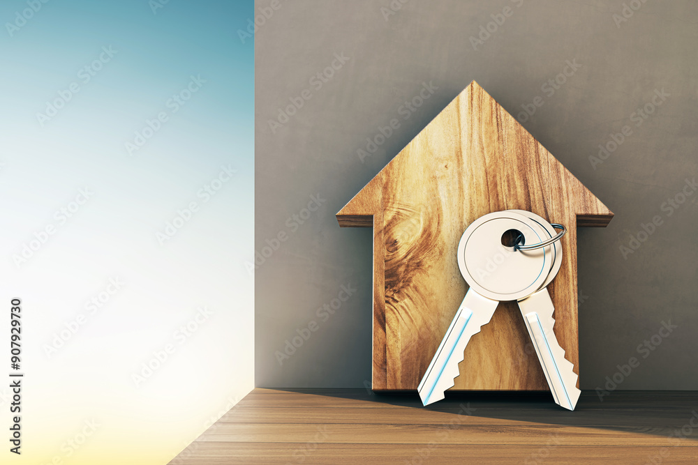Poster Wooden house-shaped figure with keys on gradient background. 3D Rendering