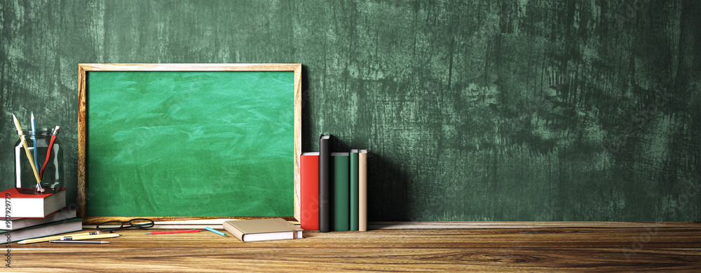 Poster blackboard mockup with books and pencils on wooden table. 3d rendering