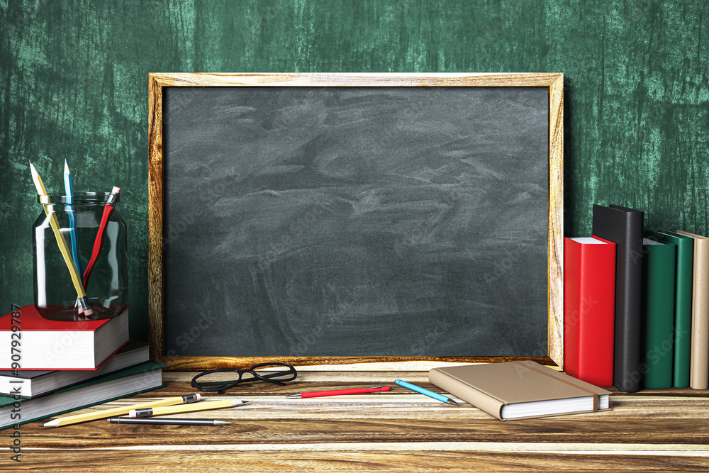 Poster blackboard mockup with books and pencils on wooden desk in classroom. 3d rendering