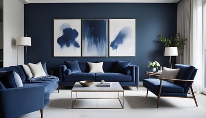 Obraz premium Interior design of a modern living room with blue sofas and a gray armchair