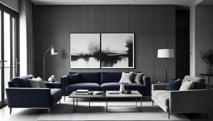 Interior design of a modern living room with blue sofas and a gray armchair