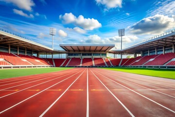 Athletics stadium running track red lines marks.