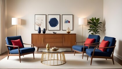 Fototapeta premium Interior design of a modern living room with blue armchairs, a beige sideboard over a white stucco wall, and contemporary dresser and coffee tables