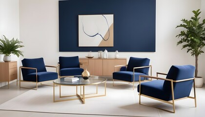 Fototapeta premium Interior design of a modern living room with blue armchairs, a beige sideboard over a white stucco wall, and contemporary dresser and coffee tables
