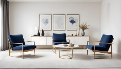 Interior design of a modern living room with blue armchairs, a beige sideboard over a white stucco wall, and contemporary dresser and coffee tables