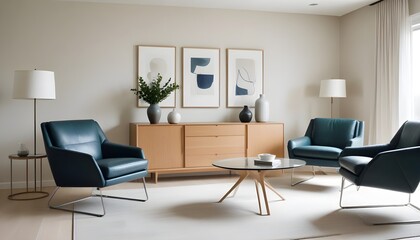 Interior design of a modern living room with blue armchairs, a beige sideboard over a white stucco wall, and contemporary dresser and coffee tables