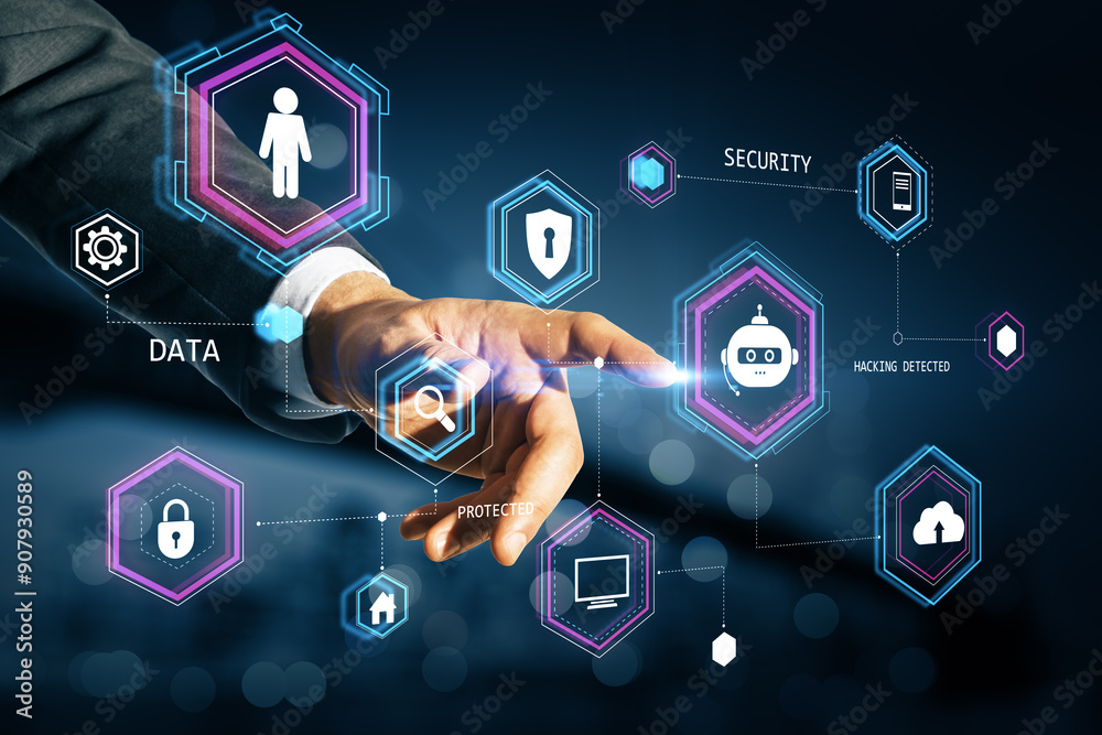 Poster Businessman interacting with virtual icons for data security and protection on a digital interface.