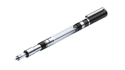 Fototapeta premium Close-up of a sleek, modern e-cigarette with a transparent tank and metallic components, isolated on a white background.