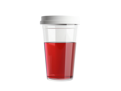 Close-up of a transparent plastic container with a white lid, containing red liquid, isolated on a white background. - Powered by Adobe