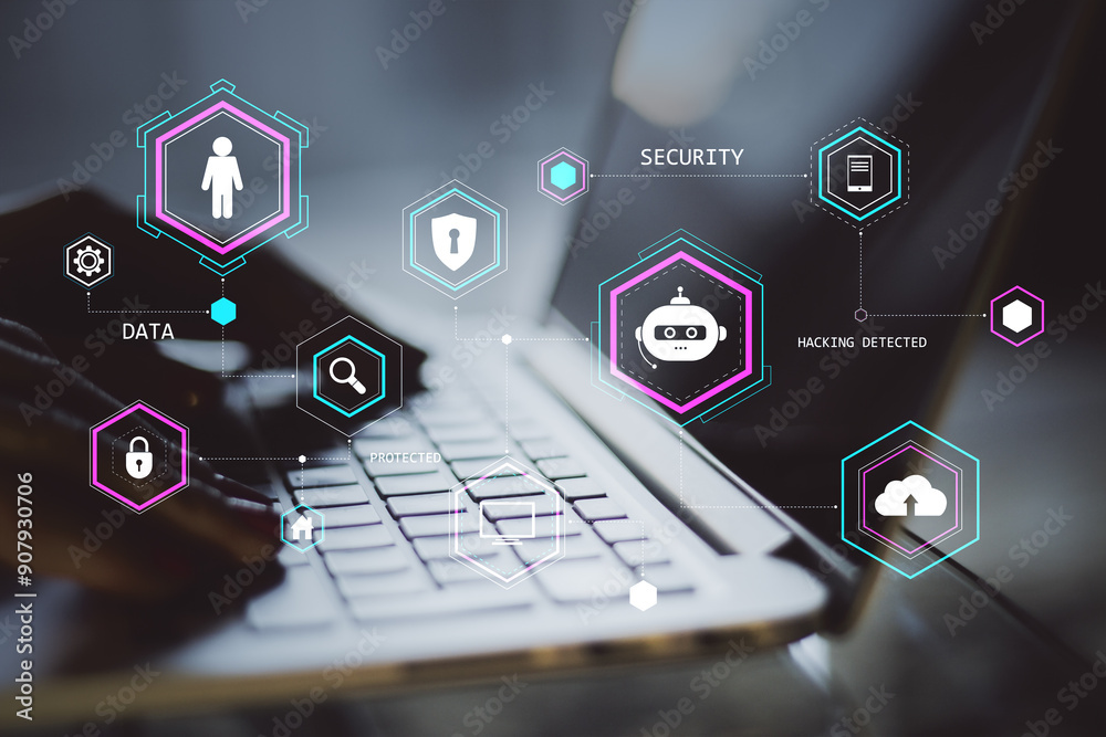 Poster Holographic security icons over laptop keyboard indicating data protection and hacking detection.