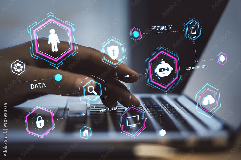 Poster Hand typing on laptop keyboard with holographic security and data icons overlayed.