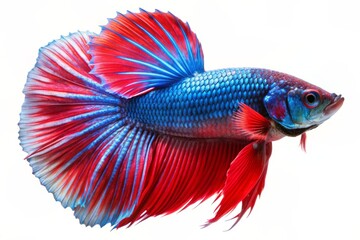Fototapeta premium Vibrant red and blue betta fish with intricate fins and scales swims alone in a white studio background, showcasing its majestic beauty and colors.