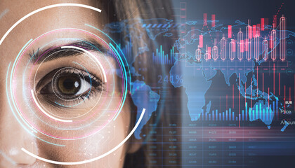 Woman's eye with futuristic digital interface and financial graphs in the background.