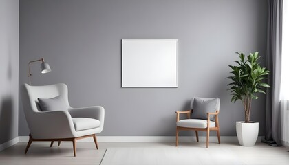 Interior design of a modern living room with an armchair, featuring an empty mock-up poster frame on a white wall