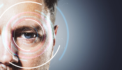Close-up of a human eye with holographic interface elements on a dark gradient background.