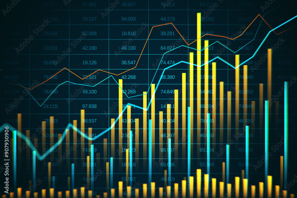 Canvas Prints colorful financial graphs and charts on dark background. 3d rendering