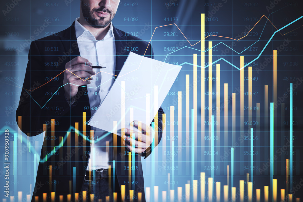 Aufkleber Businessman Analyzing Financial Data with Graphs and Charts Overlay.