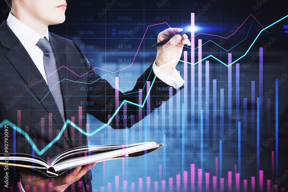 Poster businessman analyzing financial data on digital graphs with a pen.