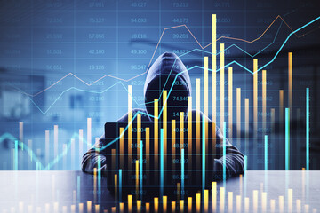 Hacker behind a laptop with financial data charts in the foreground, representing cybercrime in the...