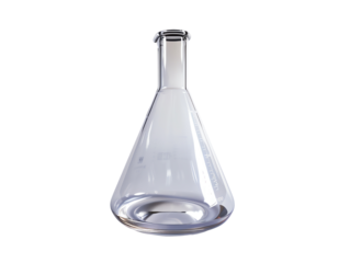 Clear glass Erlenmeyer flask for laboratory use. Ideal for scientific experiments, mixing chemicals, and educational purposes.