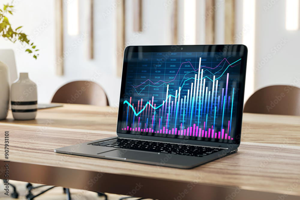 Aufkleber Laptop displaying stock market data with charts and graphs on a desk. 3D Rendering