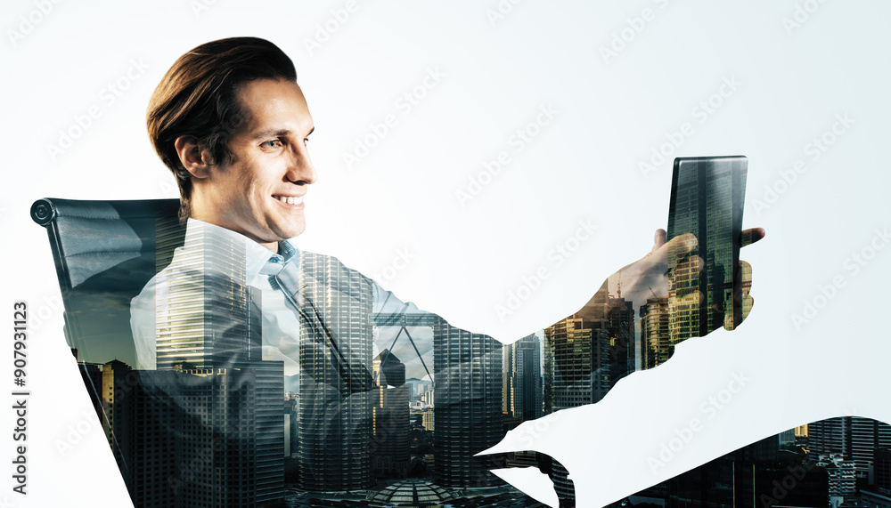 Aufkleber businessman using a tablet with a cityscape overlay in the background.